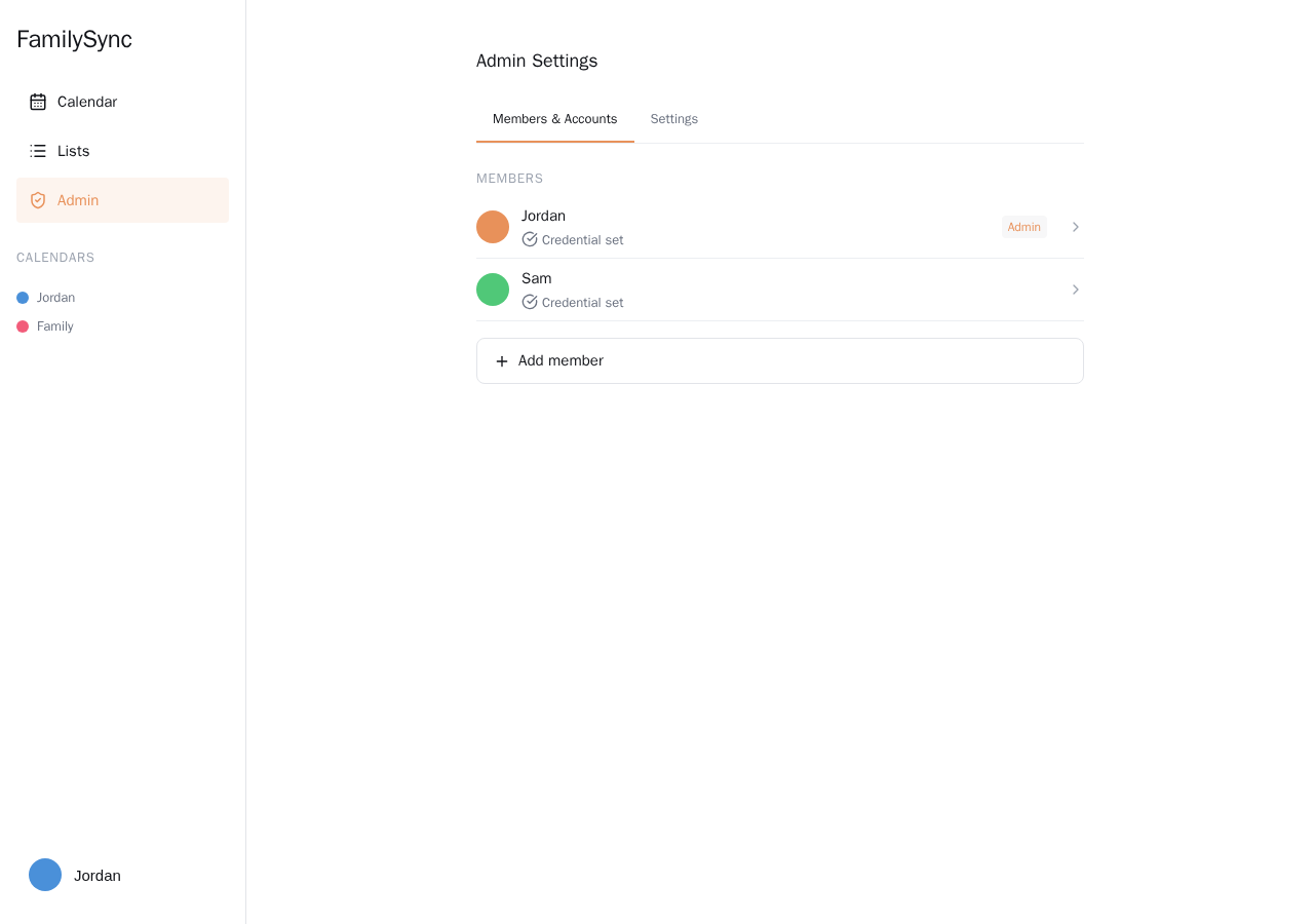 Admin settings showing the household members list with credential status and admin badges
