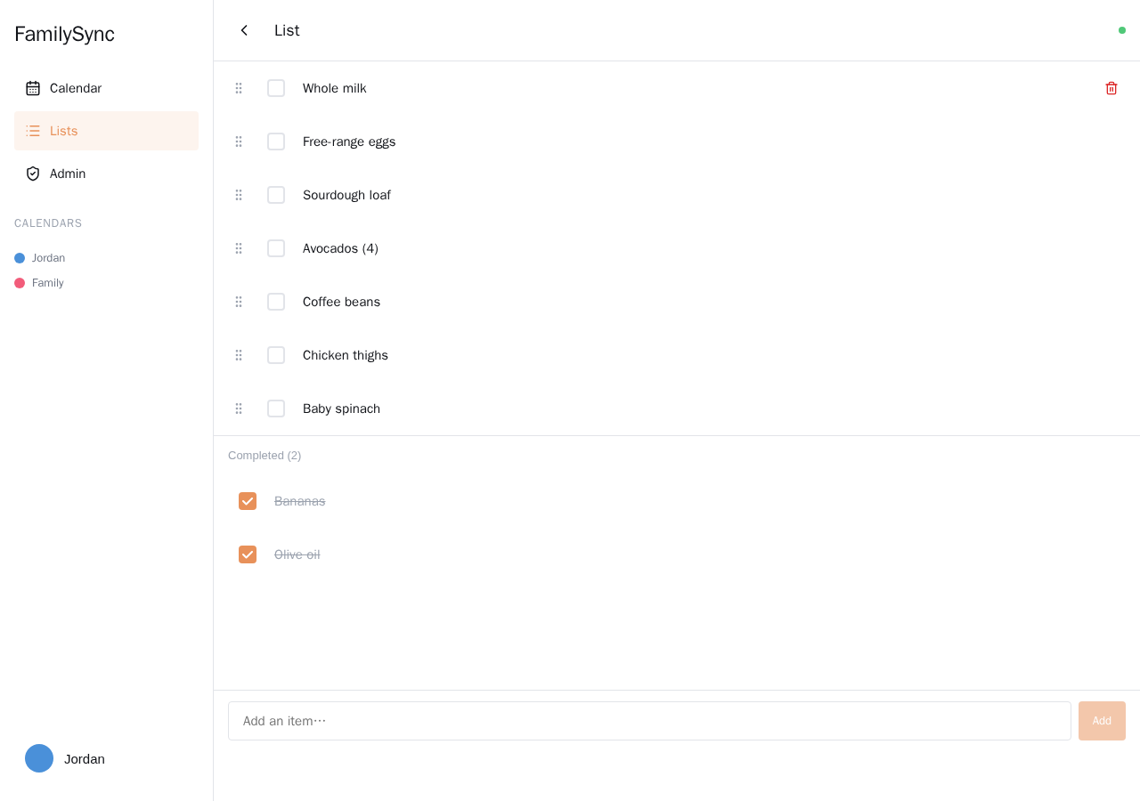 A grocery list detail view with checkable items, drag handles to reorder, and a completed section