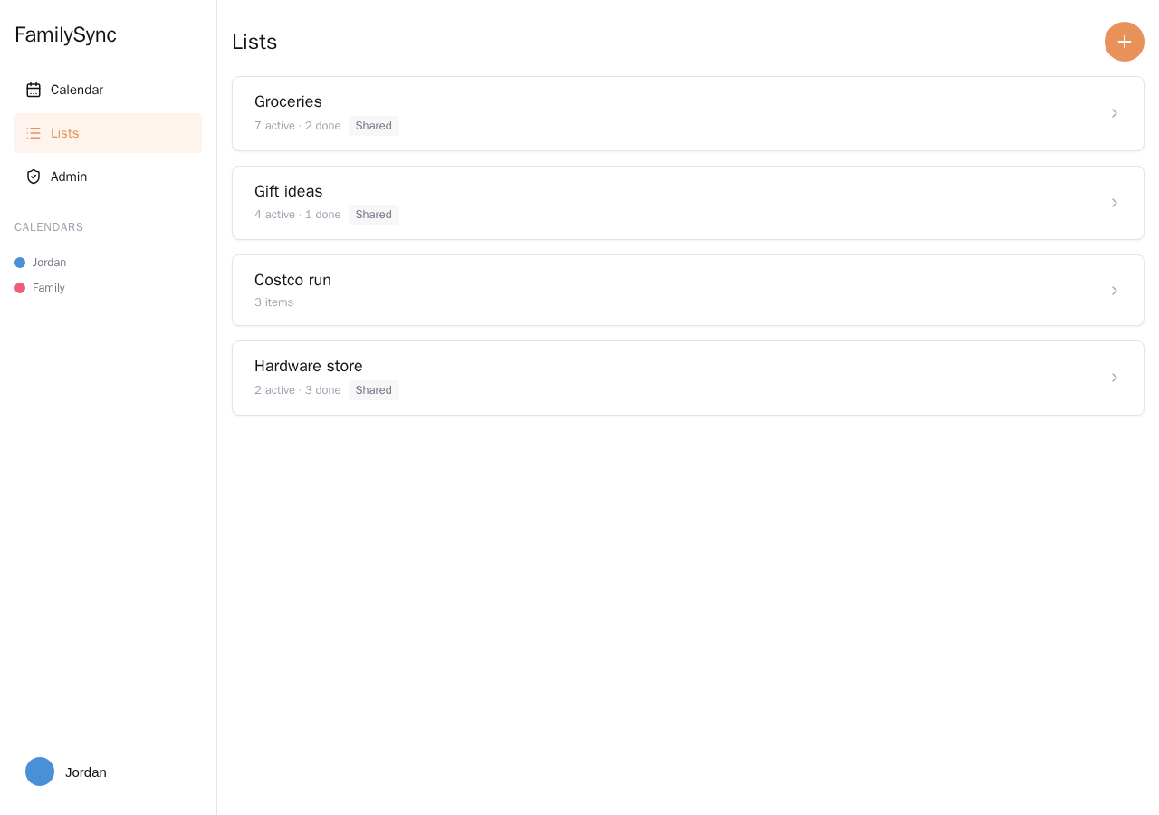 Lists overview showing Groceries, Gift ideas, Costco run, and Hardware store with active and completed counts