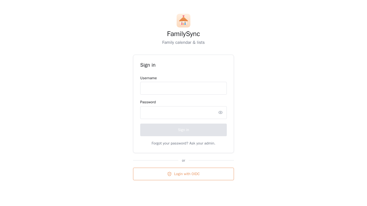 FamilySync sign-in screen with username and password fields plus a "Login with OIDC" option
