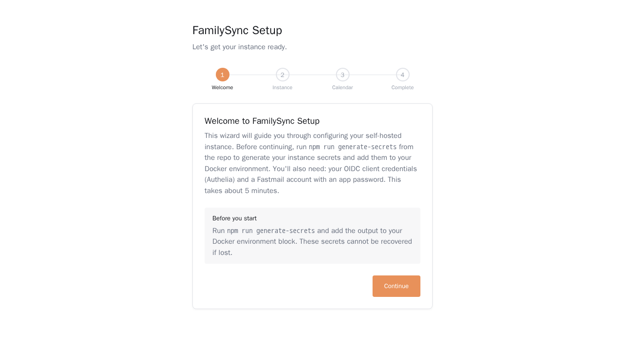 First-run setup wizard with a four-step progress bar: Welcome, Instance, Calendar, Complete