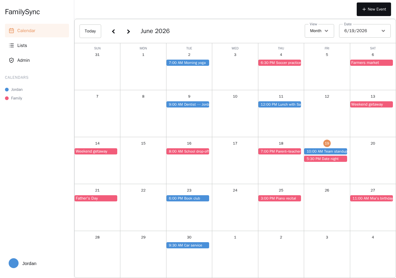 FamilySync month view showing each member's events in their own color alongside shared family events